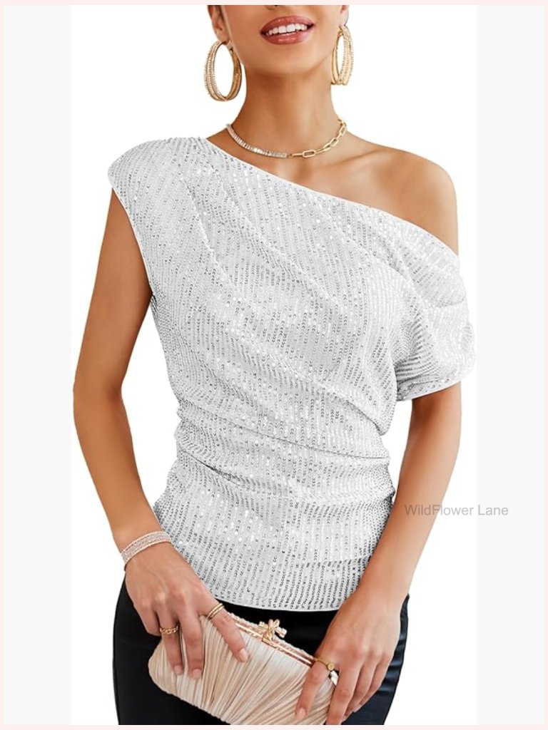 One Shoulder Sequin Sparkly Top Ruched Asymmetrical Glitter Party Shirt